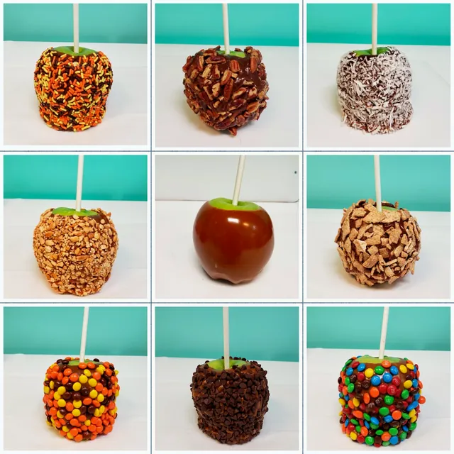 Nine caramel apples with different toppings