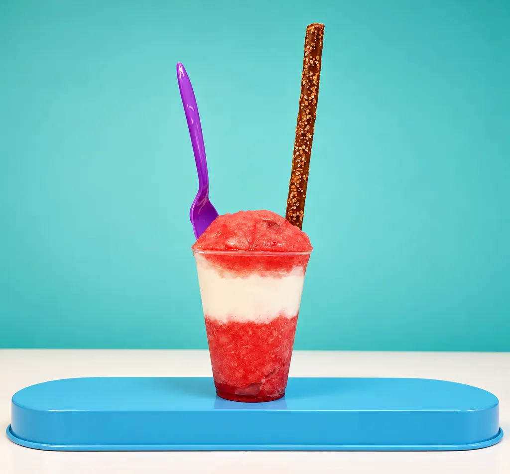 A red and white Italian ice and ice cream Gelati with a pretzel stick and spoon on a blue tray