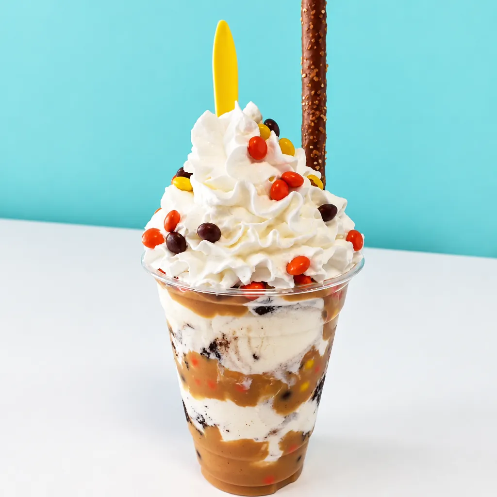 A tall sundae cup with whipped cream and a pretzel stick