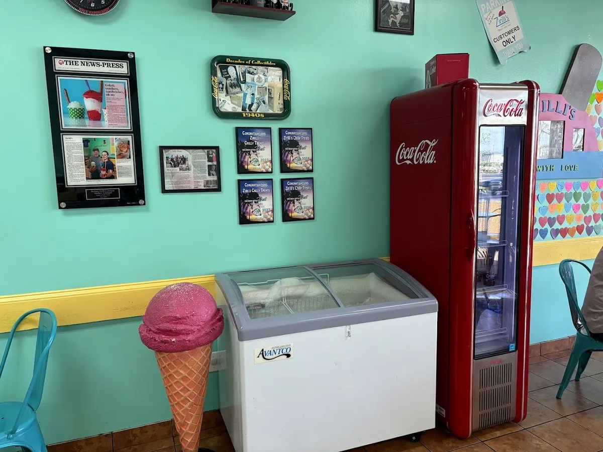 Red Coca-Cola fridge and a giant ice cream cone