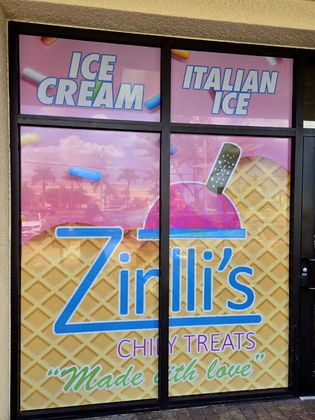 Pink and waffle-cone window with the Zirilli’s logo